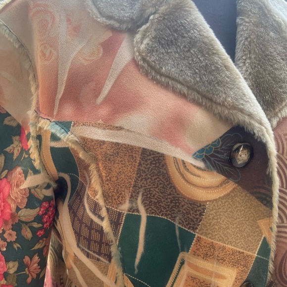 Lapis Penny Lane Coat Artsy Patchwork Print Faux Suede Lined Boho Hippie Retro M - Picture 7 of 10